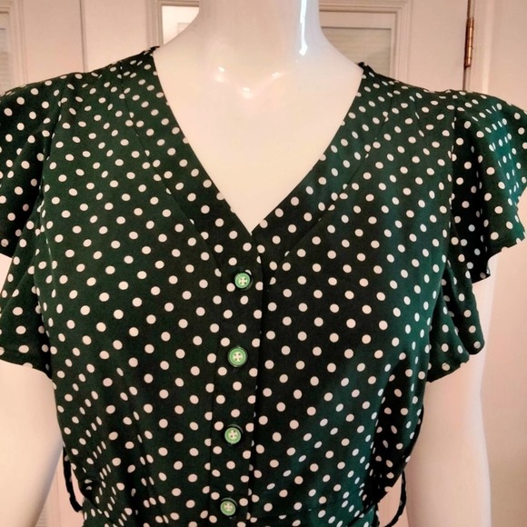 Dark green white polka dot belted dress size 7 - Picture 3 of 5
